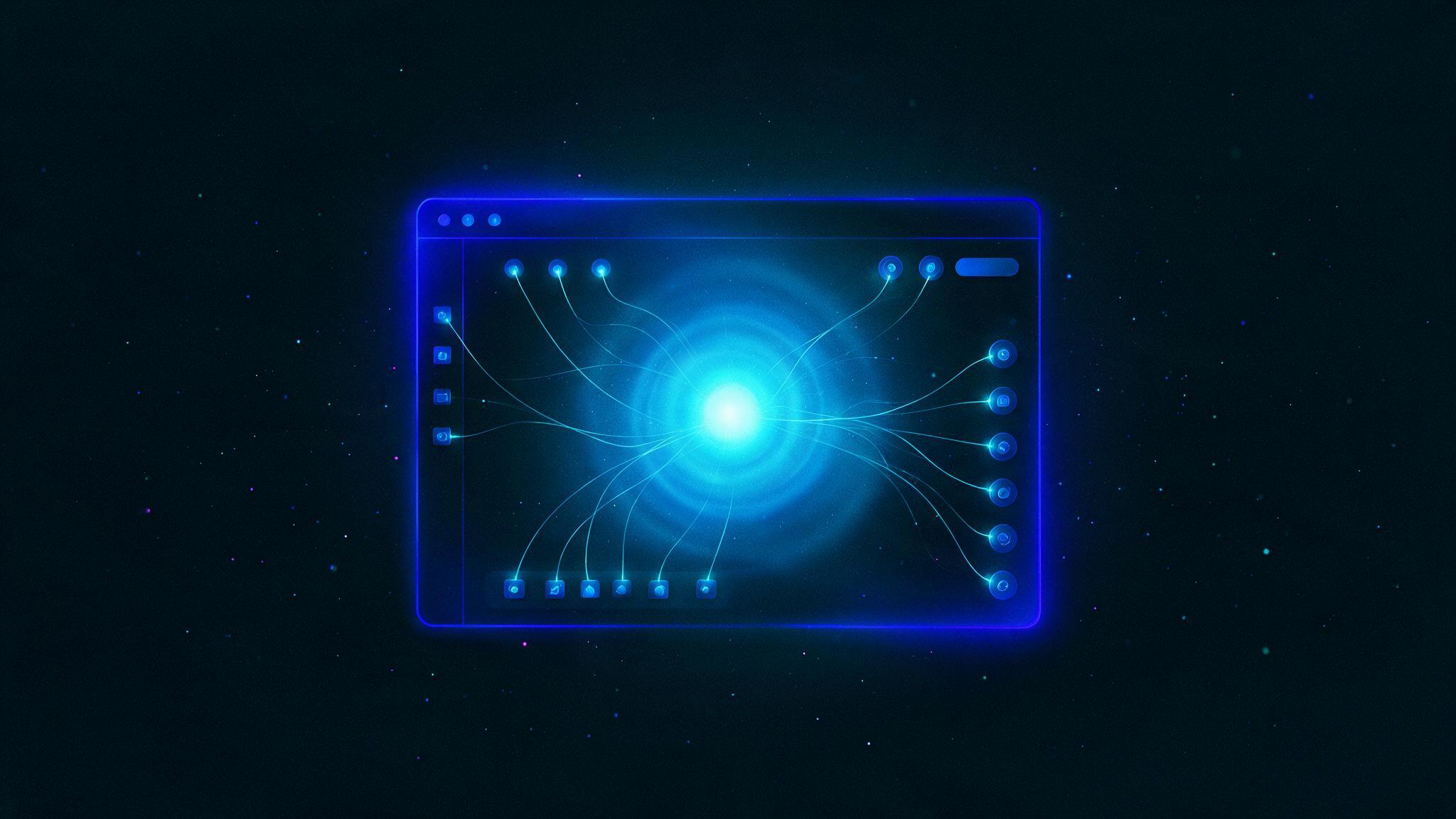 Aplicación flotante con un núcleo luminoso en su interior, representando un artefacto con IA integrada