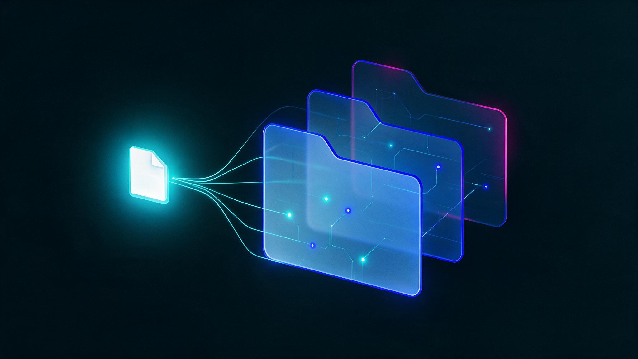 Ilustración abstracta de una carpeta SKILL.md con archivos anidados conectados por líneas de luz